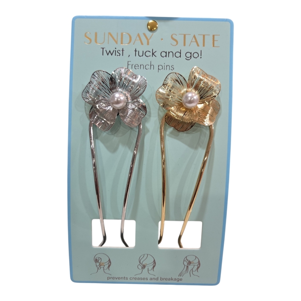 🤍🔹️Sunday State 🔹️Silver and Gold Floral French Set Of 2 Twist Tuck Go  Pins